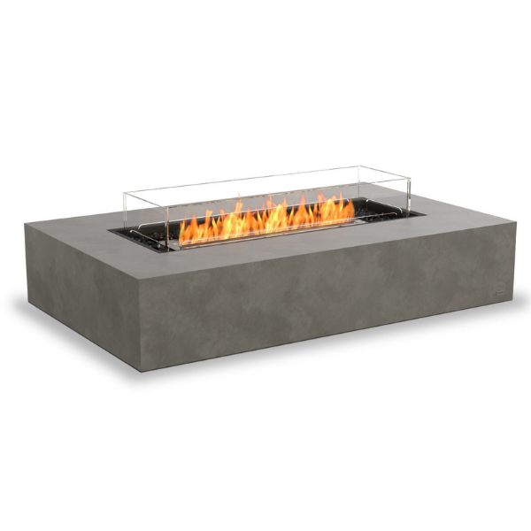 Ecosmart Fire Wharf 65 Freestanding Fire Table In Natural With Windscreen And Flame On A White Background