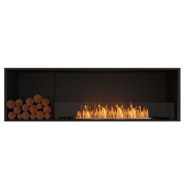 Ecosmart Flex Single Sided Bioethanol Fireplace Front View With Left Box And Flame On A White Background