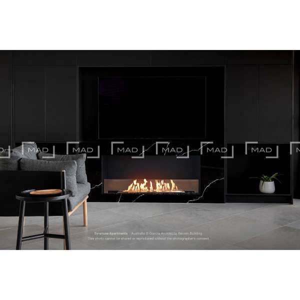 Ecosmart Flex Single Sided Bioethanol Fireplace Installed On A Black Wall With Flame On
