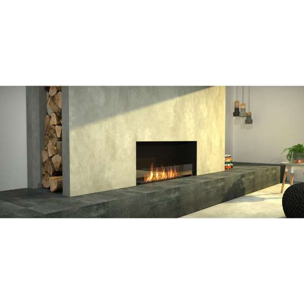 Ecosmart Flex Single Sided Bioethanol Fireplace Installed On A Concrete Wall With Flame On And Logs Behind The Wall