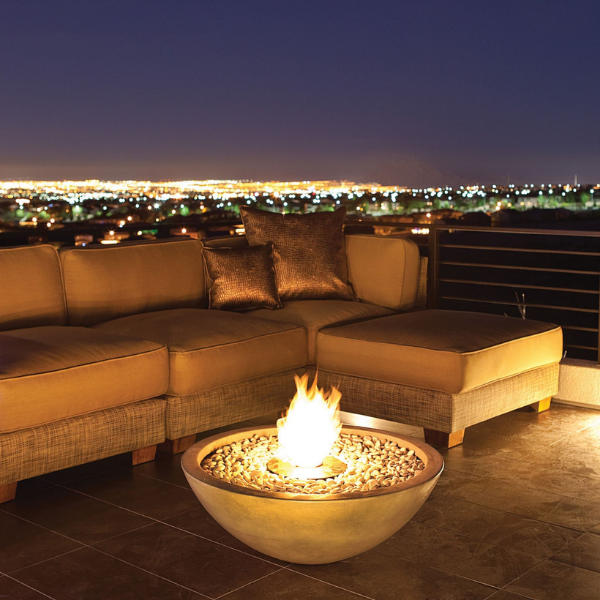     Ecosmart Mix 850 Bioethanol Freestanding Fire Bowl With Flame On A Roof Deck Set Up During Night Time