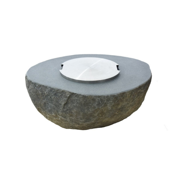 Elementi Boulder Fire Table With Stainless Steel Lid On A White Background