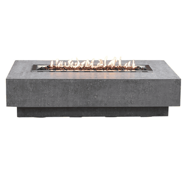 Elementi Hampton Rectangle Concrete Fire Pit Table With Flame On A White Background