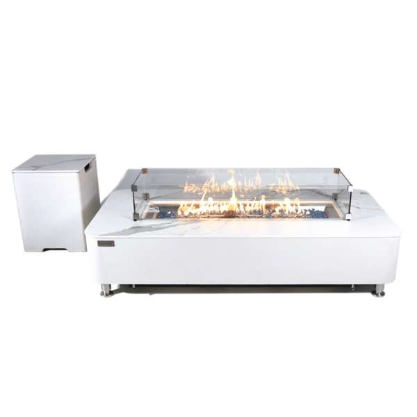Elementi Plus Athens Porcelain Top Fire Table OFP102BW White Background with Propane Tank Cover