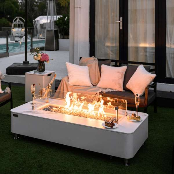 Elementi Plus Athens Porcelain Top Fire Table OFP102BW In Backyard