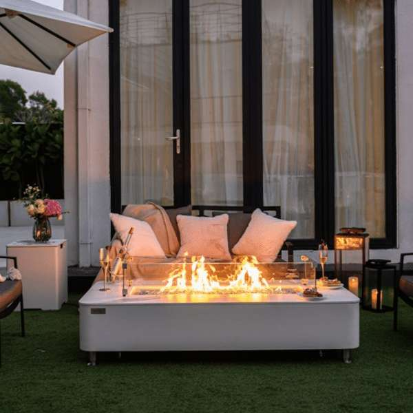 Elementi Plus Athens Porcelain Top Fire Table OFP102BW With Flame, Windscreen and Tank Cover