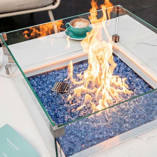 Elementi Plus Bianco White Marble Porcelain Fire Table OFP103BW Flames Close Up