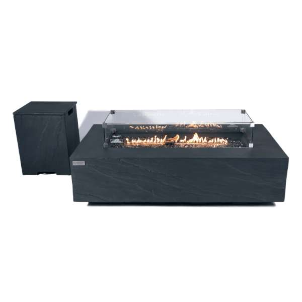 Elementi Plus Cape Town Fire Pit OFG410SL With Propane Tank Cover and Windscreen In White Background