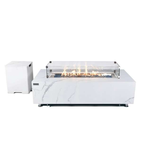 Elementi Plus Carrara Marble Pocelain Fire Table OFP121BW With WIndscreen and Propane Tank Cover