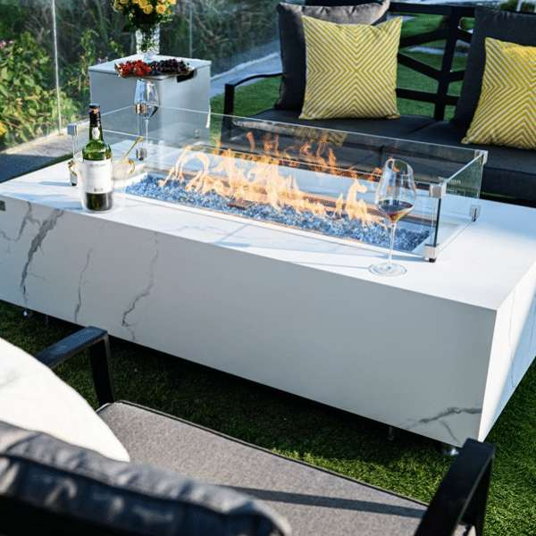 Elementi Plus Carrara Marble Pocelain Fire Table OFP121BW With Flame and Windscreen In Backyard Set-up