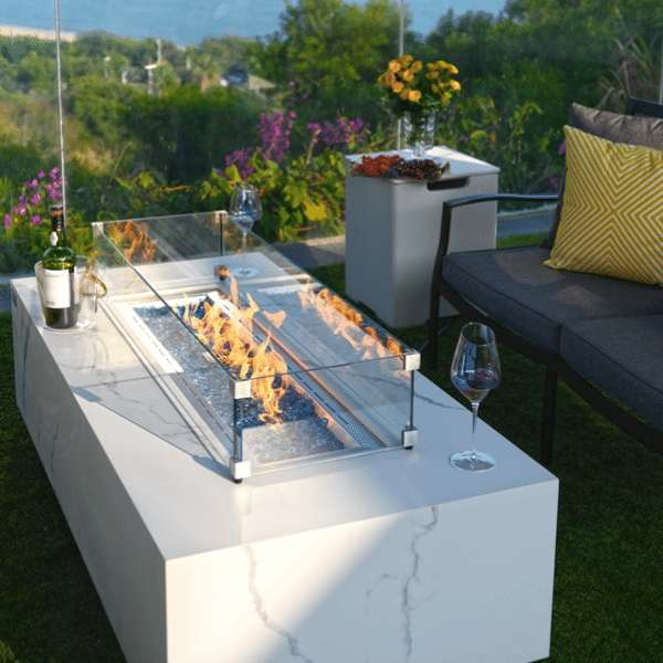 Elementi Plus Carrara Marble Pocelain Fire Table OFP121BW With Windscreen And Propane Cover