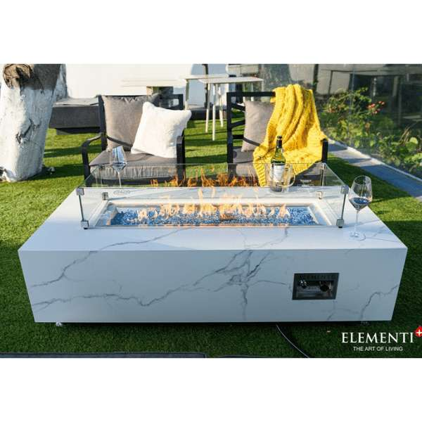 Elementi Plus Carrara Marble Pocelain Fire Table OFP121BW With Windscreen and Flames