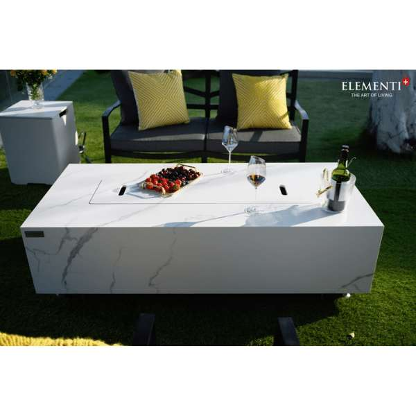 Elementi Plus Carrara Marble Pocelain Fire Table OFP121BW With Food and Drinks on Cover