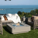 Elementi Plus Lucerne Fire Table OFG419LG With Flame, Windscreen and Propane Tank Cover In Backyard Set Up