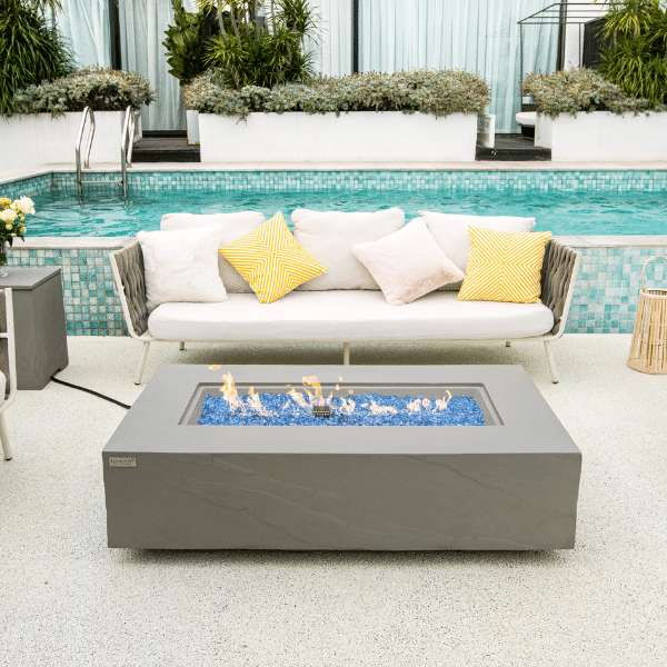 Elementi Plus Meteora Fire Pit With Flames In Pool Side Settings