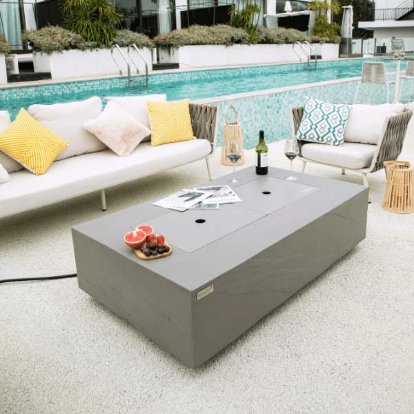 Elementi Plus Meteora Fire Pit With Metal Cover On Backyard Set Up