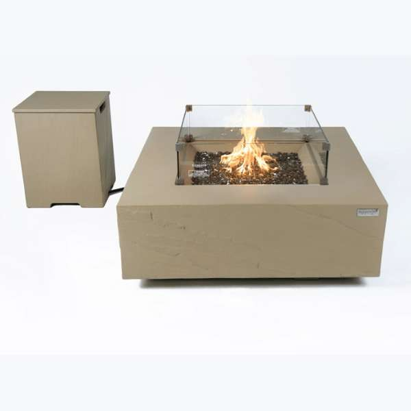 Elementi Plus Uluru Fire Table OFG411SY With Windscreen and Propane Tank Cover In White Background