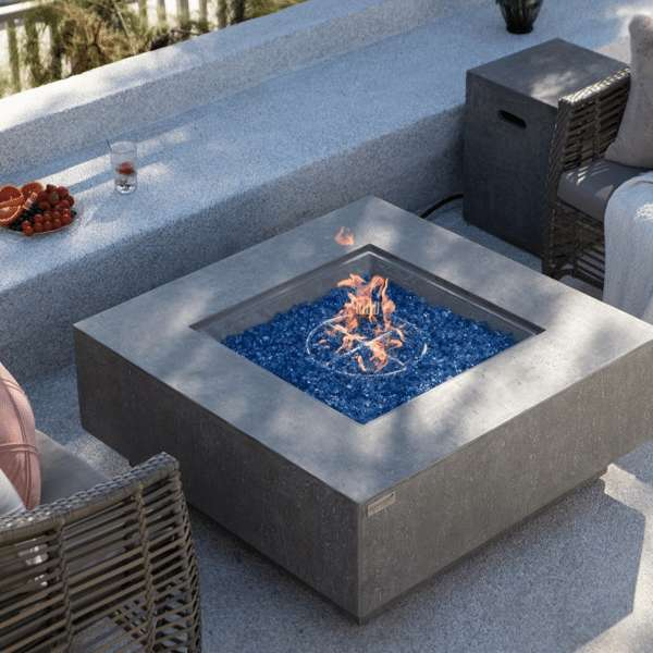 Elementi Plus Victoria Fire Table OFG413LG With Flames on Blue Fire Glass, With Square Propane Tank Cover