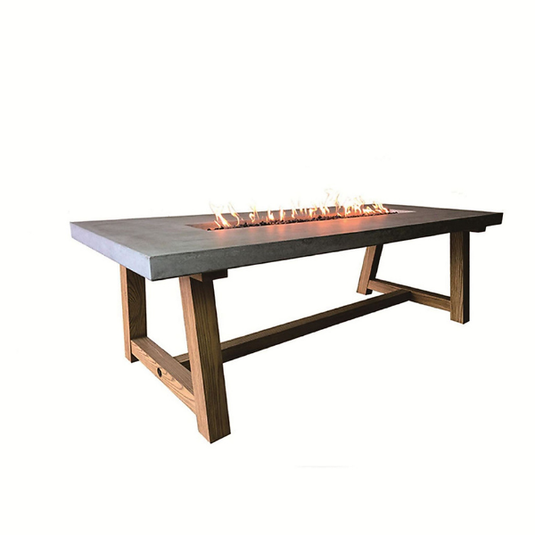 Elementi Sonoma Workshop Dining Rectangular Concrete Fire Pit Table Side View With Flame On A White Background