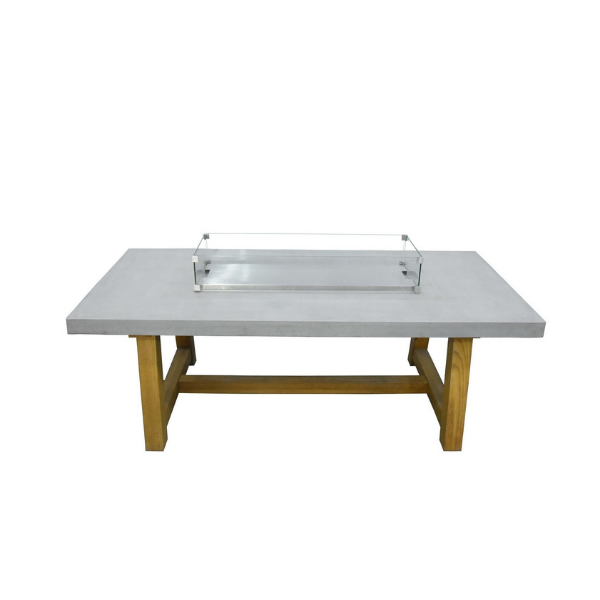     Elementi Workshop Dining Rectangular Concrete Fire Pit Table Front View With Stainless Steel Lid And A Windscreen On A White Background