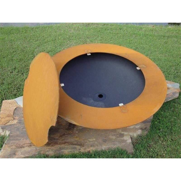     Fire Pit Art Saturn Fire Pit With Steel Lid On The On The Side Showing Top View