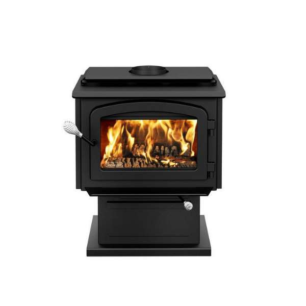 Front View Drolet Escape 1500 Wood Stove With Flame On A White Background