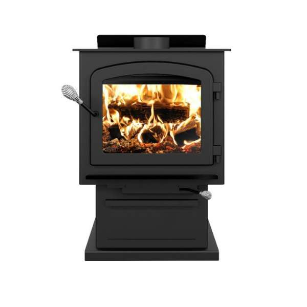    Front View Of Drolet Myriad III Wood Stove With Blower And Flame On A White Background