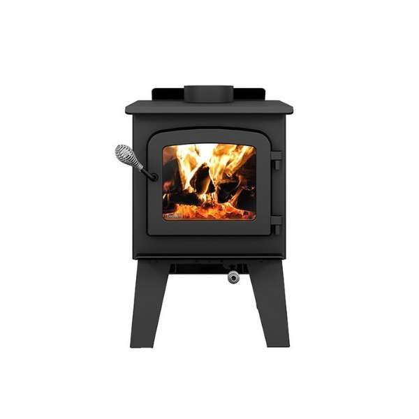 Front View Of Drolet Spark II Wood Stove With Flame On A White Background