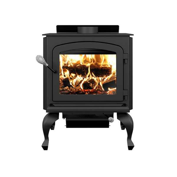 Front View Of Legend III Wood Stove With Blower And Flame On A White Background