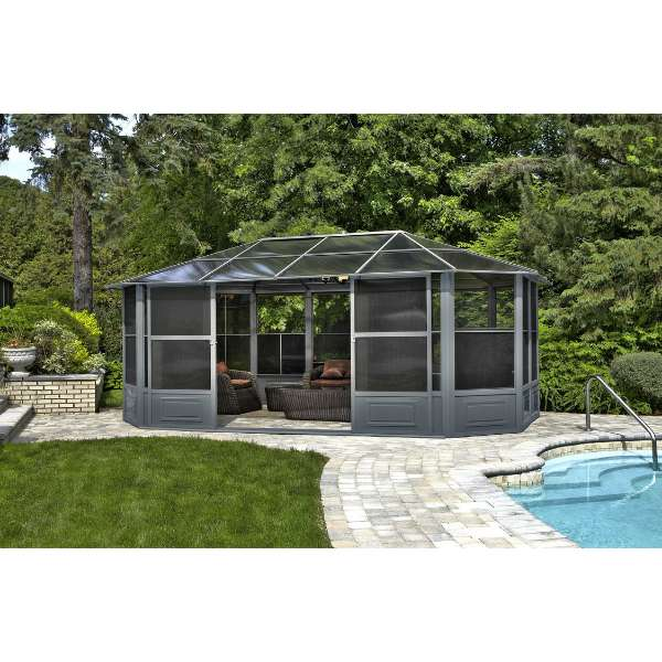 Gazebo Penguin Florence Solarium 12 Ft_ X 18 Ft_ In Grey Color Installed In Swimming Pool Area Set Up