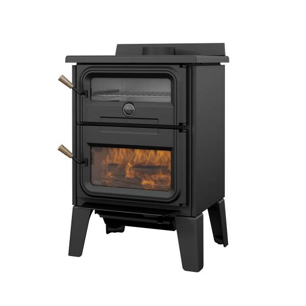 Left Side View Of Drolet Bistro Wood Burning Cookstove With Flame On A White Background