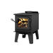 Left Side View Of Drolet Spark II Wood Stove With Flame On A White Background