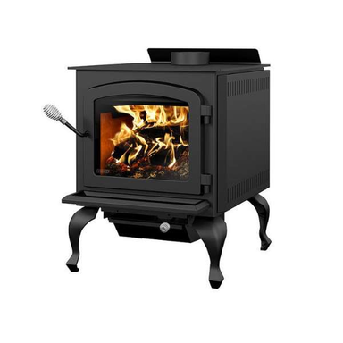 Left Side View Of Legend III Wood Stove With Blower And Flame On A White Background