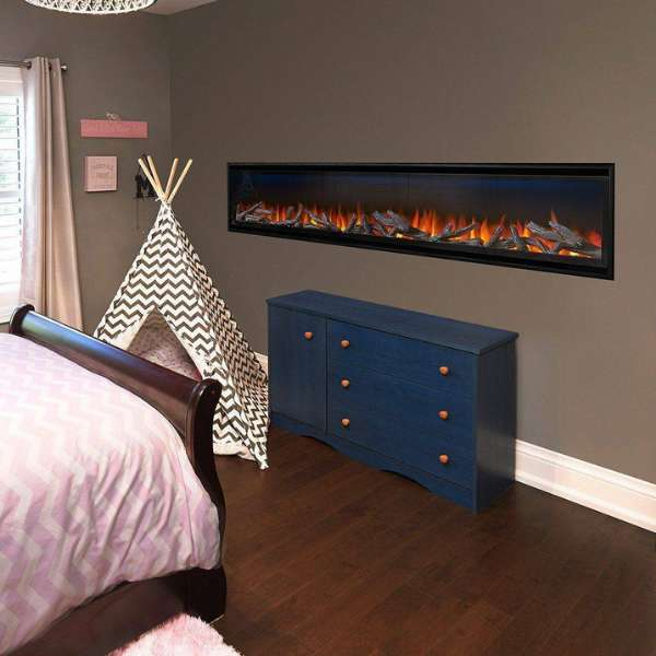 Napoleon Alluravision 74 Inch Wall Mount Electric Fireplace Installed On The Wall Of The Bedroom