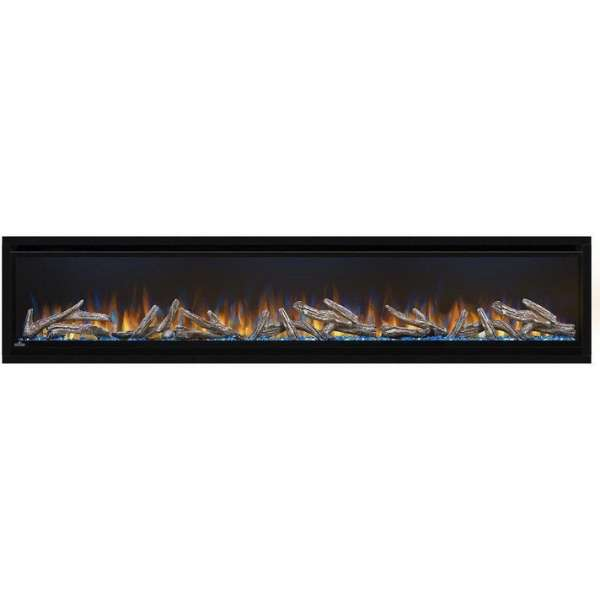 Napoleon Alluravision 74 Inch Wall Mount Electric Fireplace With Blue And Yellow Flame On And A Log Set On A White Background