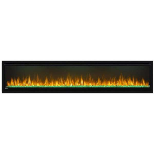 Napoleon Alluravision 74 Inch Wall Mount Electric Fireplace With Flame On And A Green Fire Glass Design On A White Background