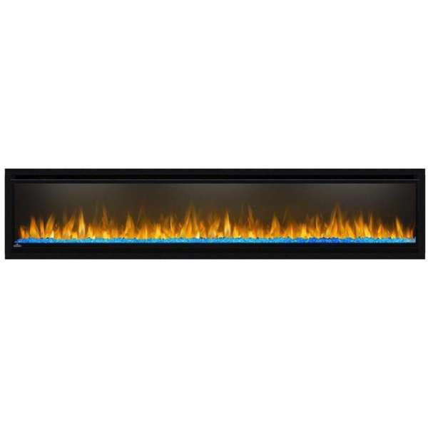Napoleon Alluravision 74 Inch Wall Mount Electric Fireplace With Flame On And A Ocean Blue Fire Glass Design On A White Background