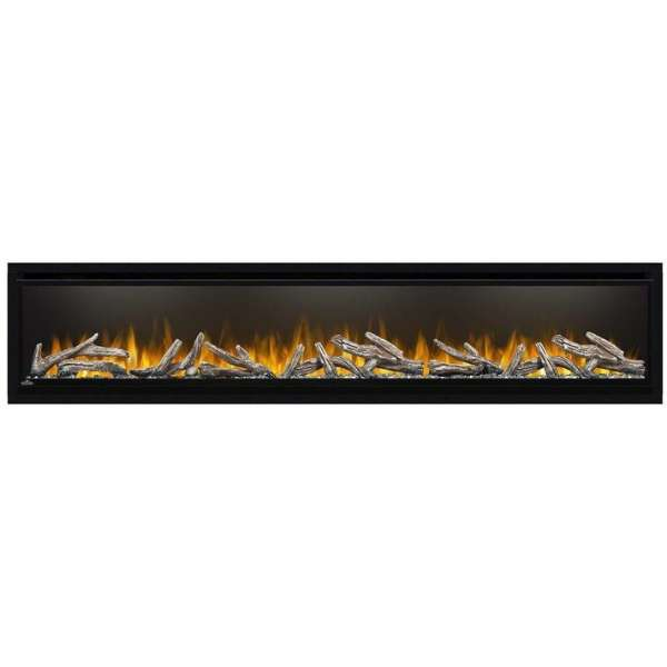 Napoleon Alluravision 74 Inch Wall Mount Electric Fireplace With Yellow Flame On And A Log Set On A White Background