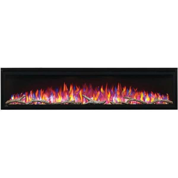 Napoleon Entice 50 Inch Linear Wall Mount Electric Fireplace With Logs And An Orange And Blue Flame On A White Background