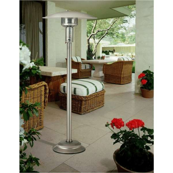 Patio Comfort Stainless Steel Commercial Natural Gas Patio Heater With Push Button Ignition On An Outdoor Set Up