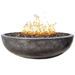 Pottery Works 48 Inch Round Concrete Fire Bowl With Flame In Charcoal On A White Background