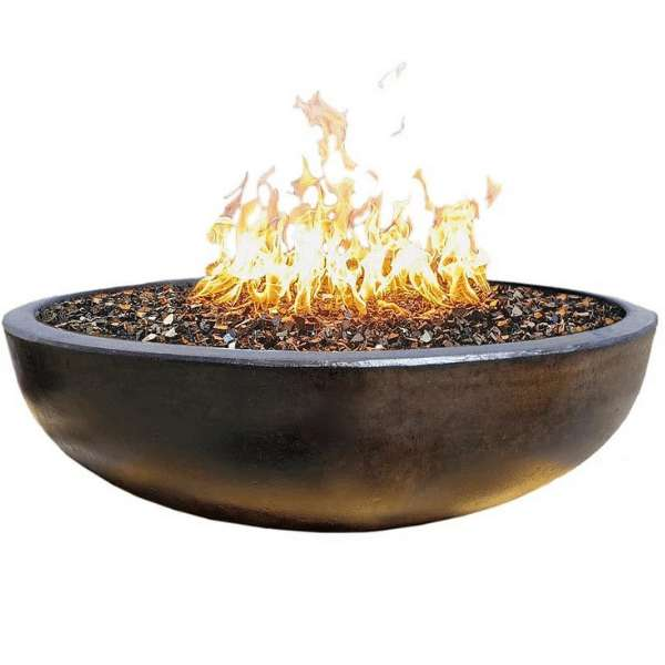 Pottery Works 48 Inch Round Concrete Fire Bowl With Flame In Dark Bronze On A White Background