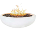 Pottery Works 48 Inch Round Concrete Fire Bowl With Flame In Frost White On A White Background