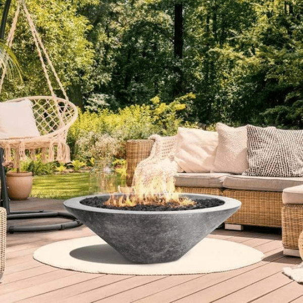     Prism Hardscapes Embarcadero Concrete Gas Fire Pit In Pewter On A Garden Inspired Set Up
