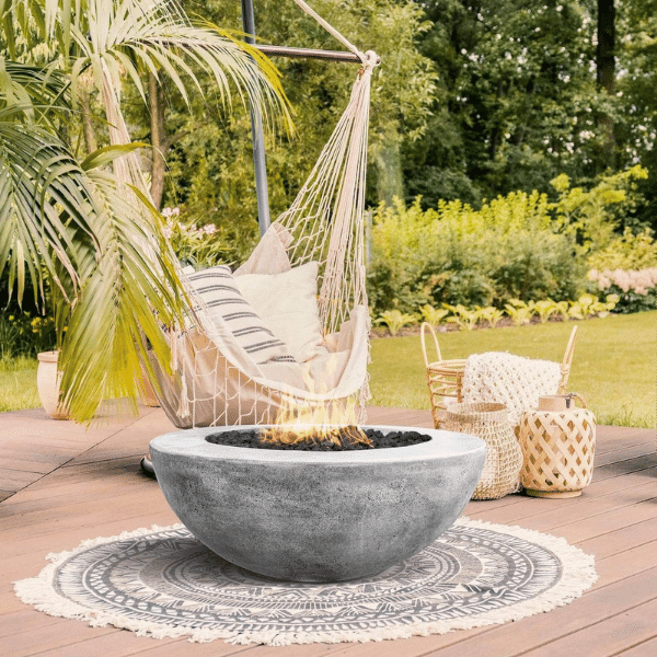 Prism Hardscapes Moderno 5 Concrete Gas Fire Pit PH-426 Pewter FInish With Flame on Outdoor Deck Set Up