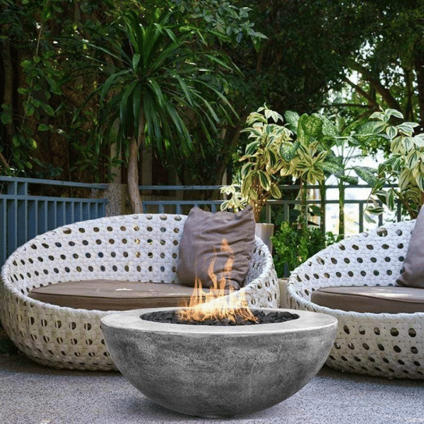Prism Hardscapes Moderno 5 Concrete Gas Fire Pit PH-426 Pewter Finish With Flame On Outdoor Set Up