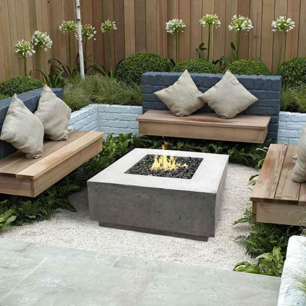 Prism Hardscapes Tavola 2 Concrete Gas Fire Pit Ph 406 In A Backyard With Couches Around