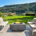     Prism Hardscapes Tavola 42 Concrete Gas Fire Pit Ph 427 In Pewter With Flame On A Deck With Chairs On The Sides