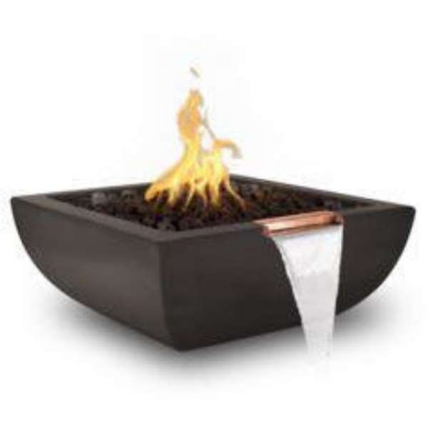 The Outdoor Plus Avalon Concrete Fire Water Bowl In Chocolate Color With Flame And Water