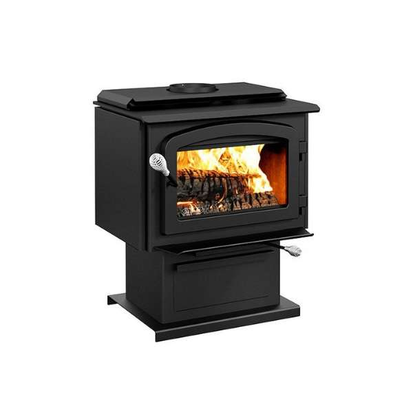 Right Side View Drolet Escape 1500 Wood Stove With Flame On A White Background